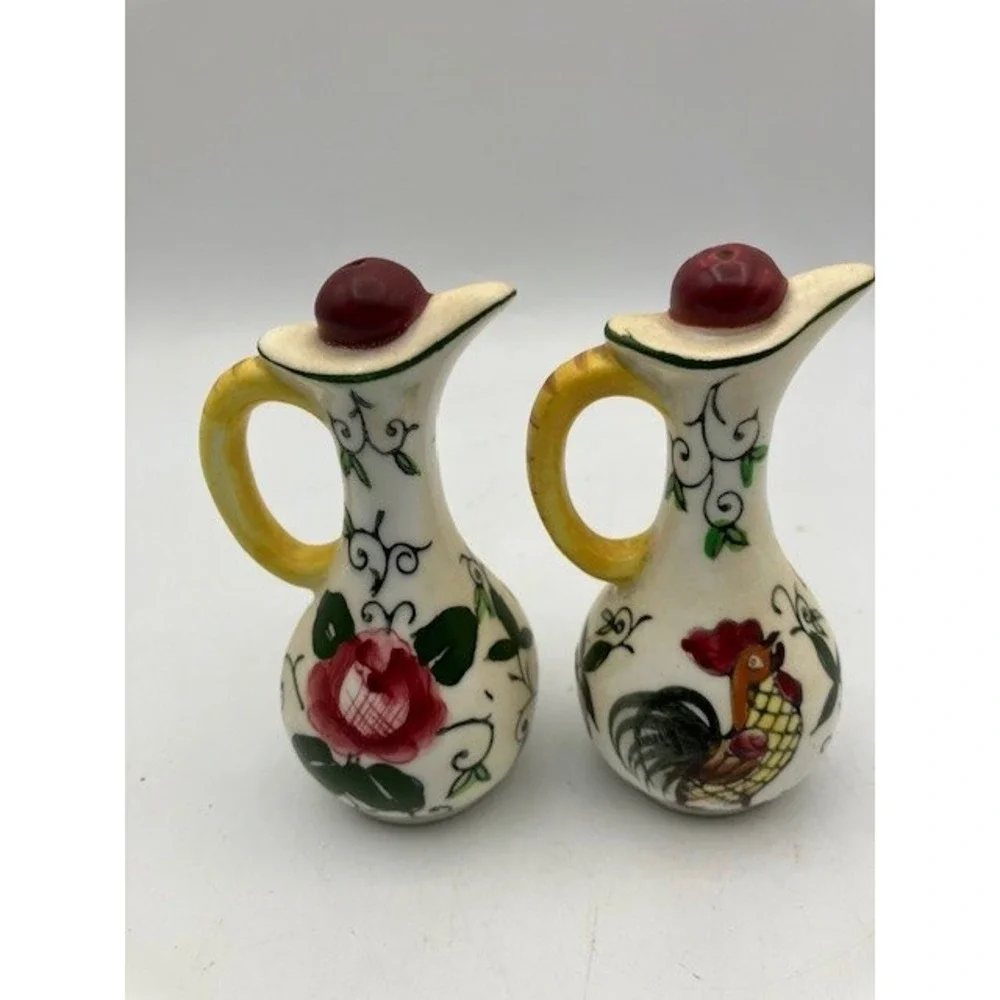 VTG 1950's Rooster & Rose Ceramic Pitcher Salt Pepper‎ Shakers - Country Kitchen